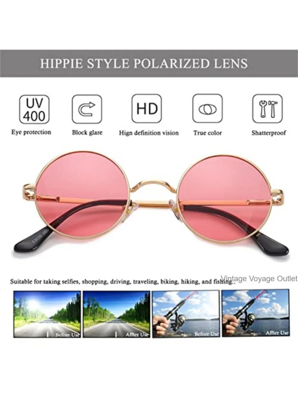Polarized Round Sunglasses Retro Hippie Metal Frame UV400 Protection Circle